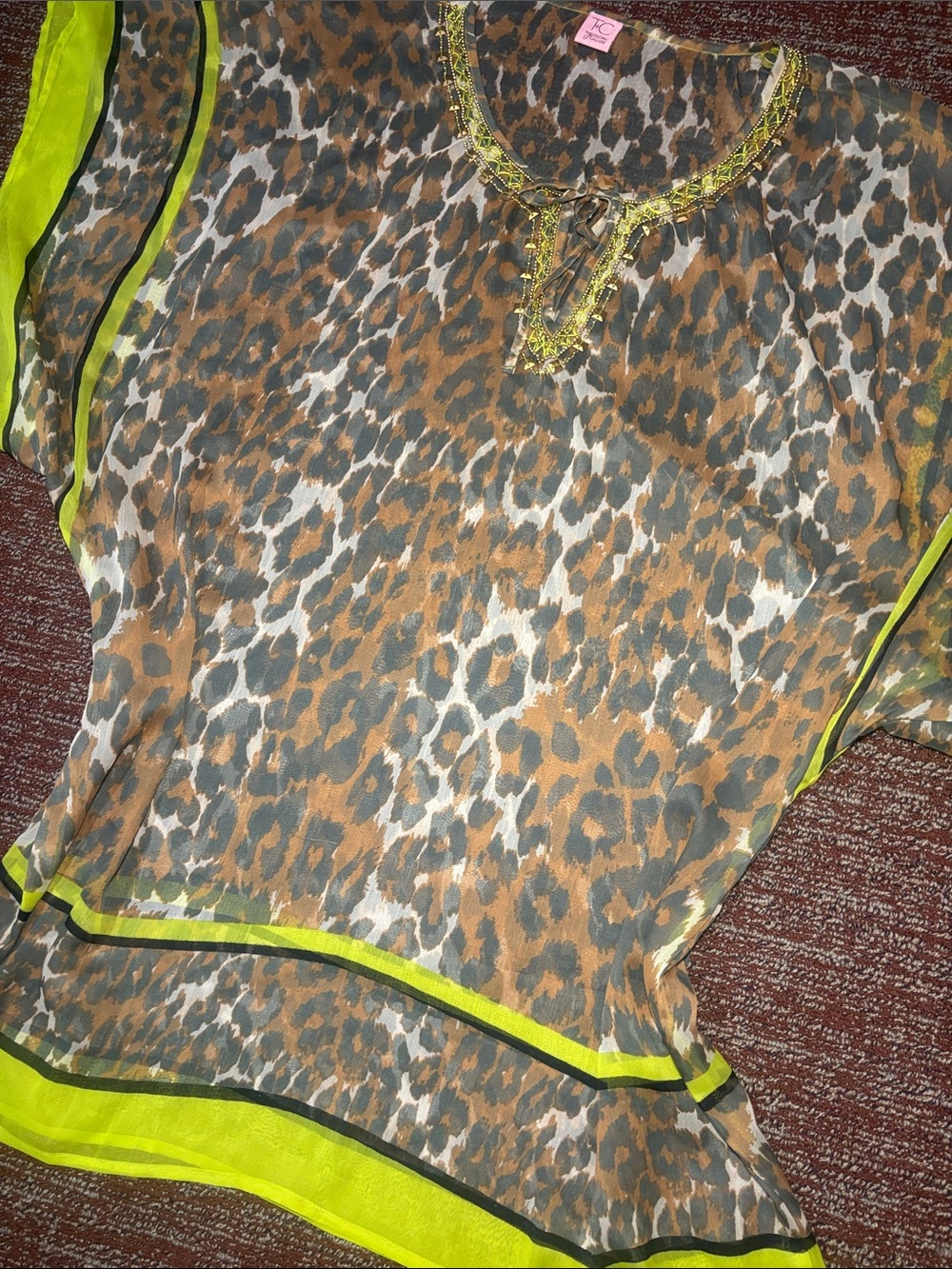 Theodora & Callum sheer  coverup neon green leopard print beaded resortwear